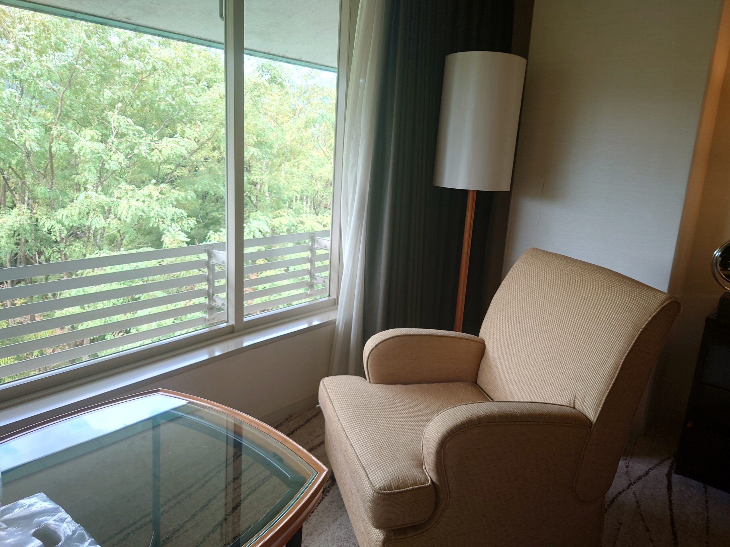 京都のホテル「ザ・プリンス宝ヶ池」の部屋のソファから眺める美しい緑