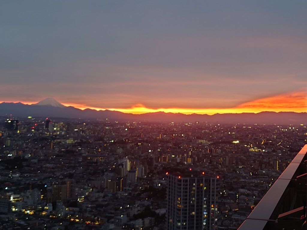 タワーマンションからの眺め　夕日が沈む横に、富士山のシルエットが浮かぶ