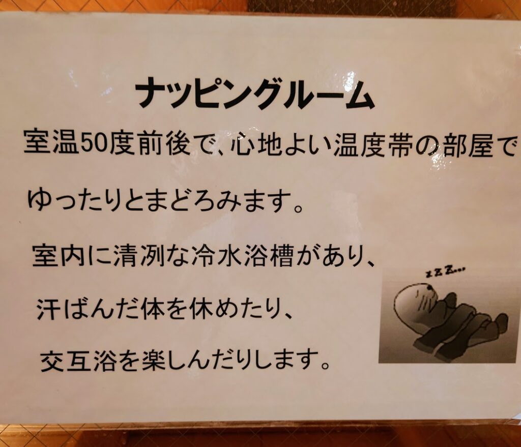 水上温泉「松乃井」の大浴場「月あかりの湯」　ナッピングルームについて説明した掲示物